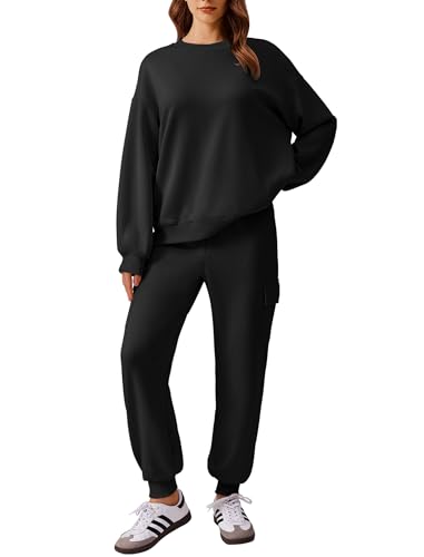 PINSPARK Womens Sweatsuits 2 Piece Set Long Sleeve Sweatshirt Crewneck Cargo Jogger Pants with 4 Pockets Travel Tracksuit, Black Large