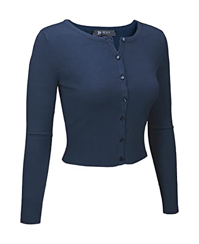 Image of Women's Cropped Cardigan Sweater - Long Sleeve Crewneck Basic Classic Casual Button Down Knit Soft Lightweight Top