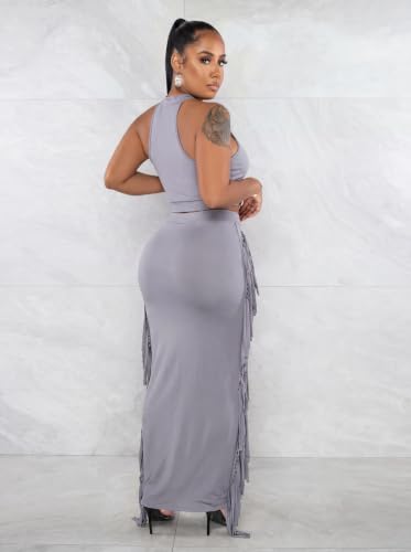 Image of 2 Piece Outfits for Women Sexy Halter Neck Sleeveless Crop Tops Ruched Bodycon Dresses Jumpsuits Fringe Skirt Sets