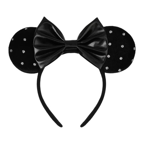 zhezesmila Velvet Mouse Ears Headband with Pu Leather Bow Black Minni Ears for Women Elegant Minimalist Costume Accessory for Theme Park Outfit Birthday Party