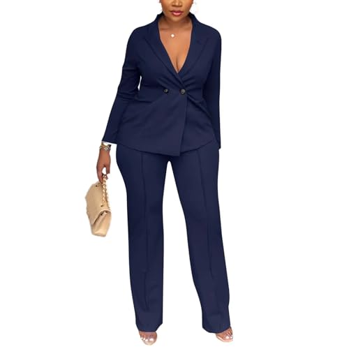 Kafiloe Women Double Breasted Blazer Pants Suit 2 Piece Outfits Casual Long Sleeve Blazer Set for Work Business Navy Blue XL