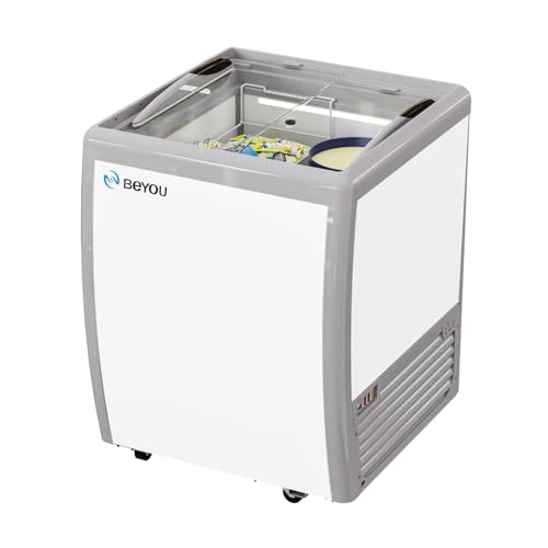 BEYOU Commercial Ice Cream Freezers with Display Glass Top?5.6 Cu.ft Chest Freezer with Wire Basket, White