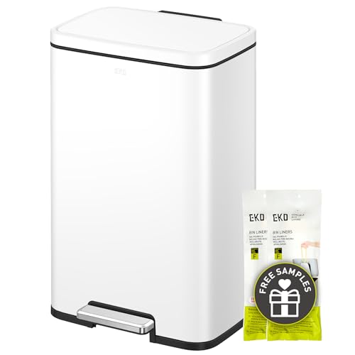 Image of EKO Madison Matte White Stainless Steel 13.2 Gal/50L Kitchen Step Trash Can or Recycling Bin, Removable Inner Liner, Soft Close Lid, Fingerprint Resistant Finish