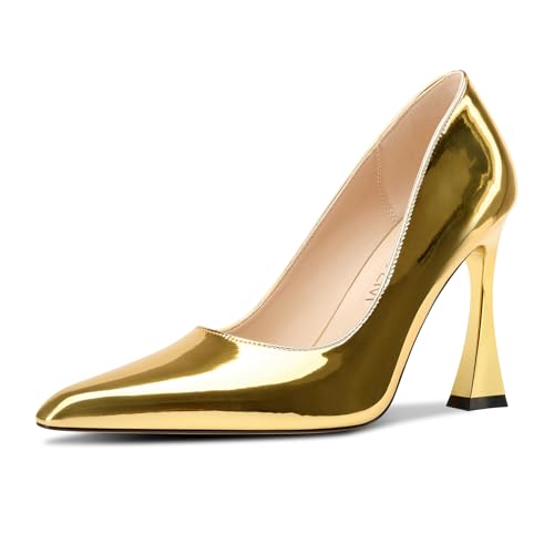 Image of HDEUOLM Womens Stiletto High Heel Square Toe Pumps Slip-on Office Dress Patent Leather 3.9 Inches Heels