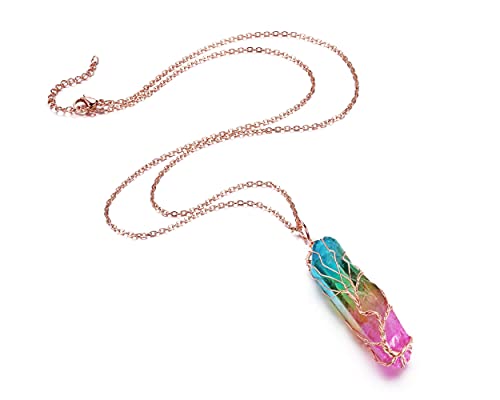 Memolome Healing Crystal Necklace Tree Of Life Rainbow Rock Clear Quartz Necklace Rose Gold Wire Wrapped Gemstone Pendant Reiki Stone Irregular Pointed Protection Crystal Necklace For Women Girl Jewelry Gift #TOP1