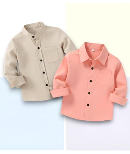 Image of Boys Mandarin Collar Shirt with Chest Pocket Beige and Rama Blue Color, Long Sleeve Button-Down Casual Shirt Pack of 2