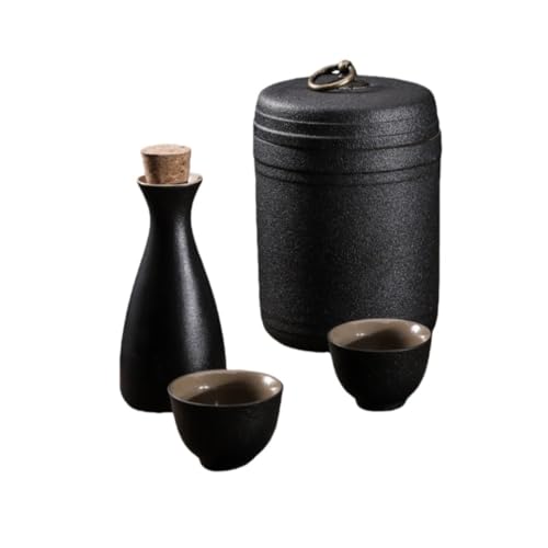 SIzlaho 日本酒ケトルセット、ヴィンテージセラミックワインウォーマー、家庭用ホットワインケトル、セラミック黒釉ワインセット、焼酎ディスペンサー、蒸し器とカップ付き、ティールーム (E+2カップ)