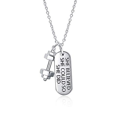 YFN Sterling Silver Strong Is Beautiful She Believe She Could So She Did Engraved Dumbbell Barbell Gym Buff Pendant Necklace 18