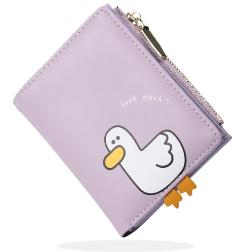 Image of Small Womens Wallet, Cute Bifold RFID Blocking Vegan Wallet for Teen Girls Ladies with Zipper Coin Pocket (Duck Purple)