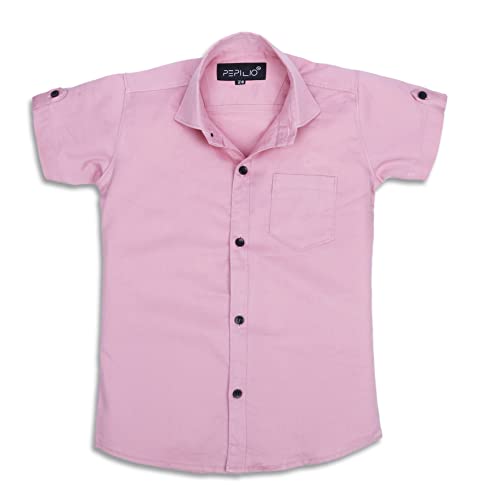 Image of Kids Stylish Solid Cotton Spread Half Sleeves Collar Regular Fit Shirt|| Formal Boys Shirt || Casual Wear Buttoned Shirt for Boys Pink