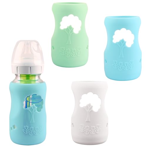 Image of 3 Pack Silicone Sleeves for Dr. Brown's Natural Glass Baby Bottles, Anti Breakage Baby Bottle Holder, Compatible Dr. Brown Wide-Neck Glass Baby Bottles 9 oz (White+Blue+Green)
