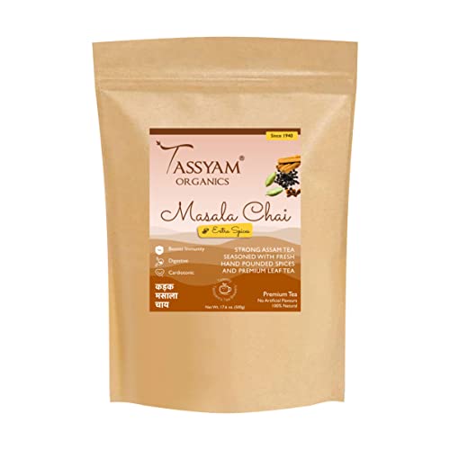 Image of Tassyam Organics Kadak Assam Masala Tea 500g Refill | New & Improved Hand Crushed Spices + Gold Blend CTC Chai with No Artificial Flavours