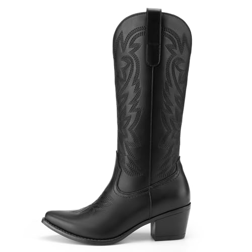 Athlefit Cowboy Cowgirl Boots for Women Fashion Low Chunky Heel Snip Toe Embroidery Western Mid Calf Boots Black Size 10 — view 4
