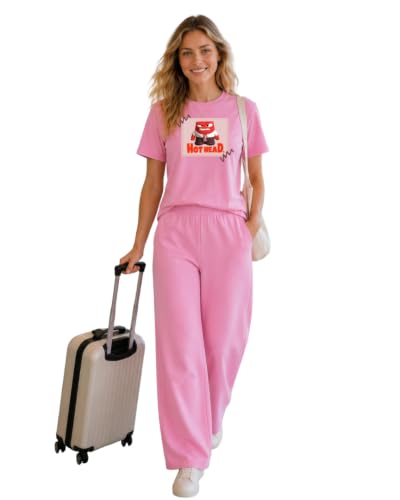 Image of ELVIA Women's Pure Cotton Top and Pyjama Co-Ord Set | Hot Head Graphic Printed Night Suit | Regular Fit Half Sleeve Round Neck T-Shirt with Pajama Loungewear Sleepwear Set for Women