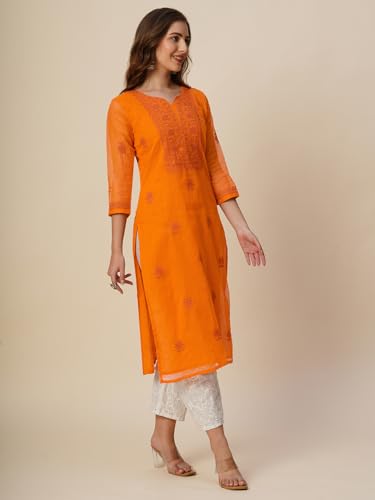 Image of RATAN Muga Cotton Straight Lucknowi Chikankari Ethnic Wear Kurta for Women