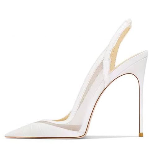 Women's High Heels, Large Size Stiletto Heels Sandals 11 CM Courts Mesh Splicing Hollow Back Pointed Pumps for Dinner Party Prom Wedding,36 EU,White