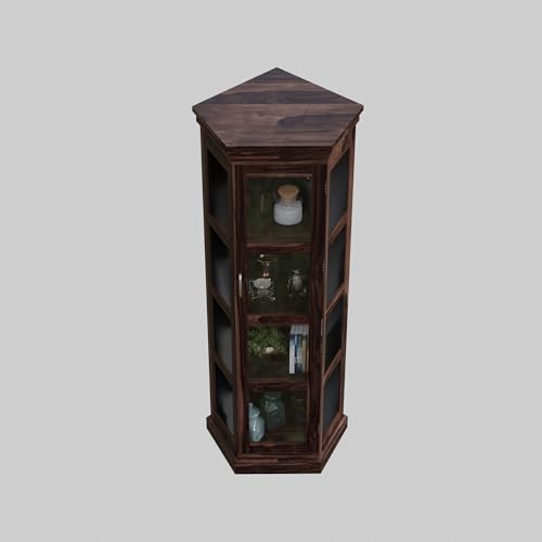 Image of Krishna Wood Decor Solid Sheesham Wood Corner Cabinet with Four Shelves | Tall Display Unit Storage with Acrylic Glass Door for Living Room & Office | Wooden Bookcase /Corner Showcase | Walnut Finish