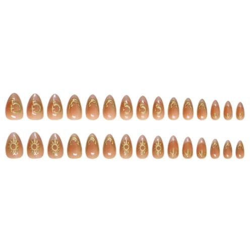 Image of Star Moon Press on Nails 3D Gold Fake Nails Short Almond False Nail with Design French Tip Glue on Nails Glossy Artificial Acrylic Full Cover Ombre Stick on Nail for Women Manicure 24Pcs