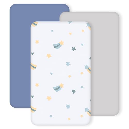 Image of 3 Pack Stretchy Bassinet Sheets - Universal Fit for Rectangle, Round, Oval, Hourglass Cradles & Moses Baskets - Soft Breathable Fitted Bassinet Sheets Set for Baby - Blue & Grey Star