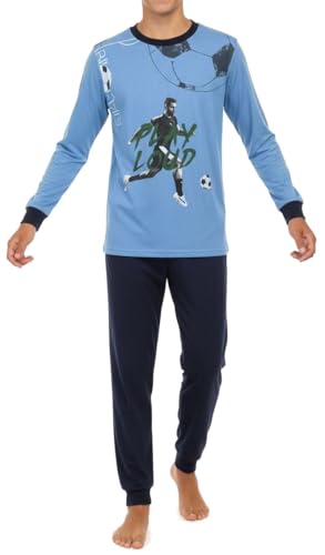 In One Clothing - Jungen Schlafanzug lang, weicher Single-Jersey aus 100% Baumwolle - in blau mit Fussball Motiv Play Loud Fussball Motiv Grösse 176