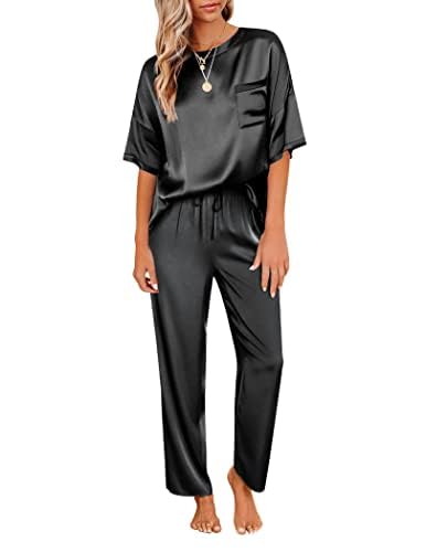 EkouaerWomens Satin Silky Pajama Set Short Sleeve Shirt with Long Pajama Pant Set Soft PJ Loungewear, Black, S