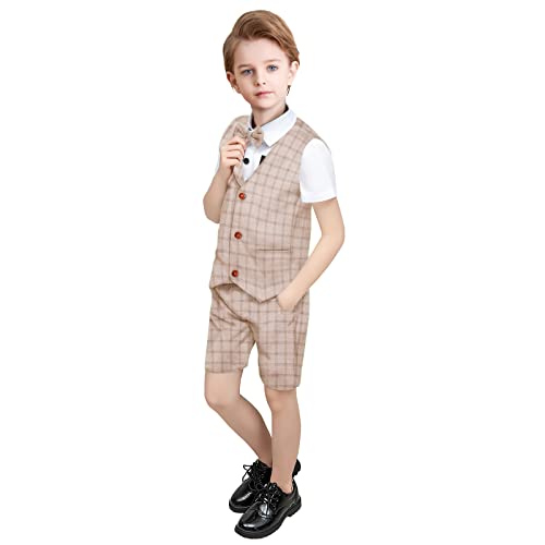 Yilaku Boys Suit Toddler Dress Clothes Kids Formal Wedding Guest Outfit Summer Short Sleeve Shirt And Vest (5T,Khaki) #TOP24