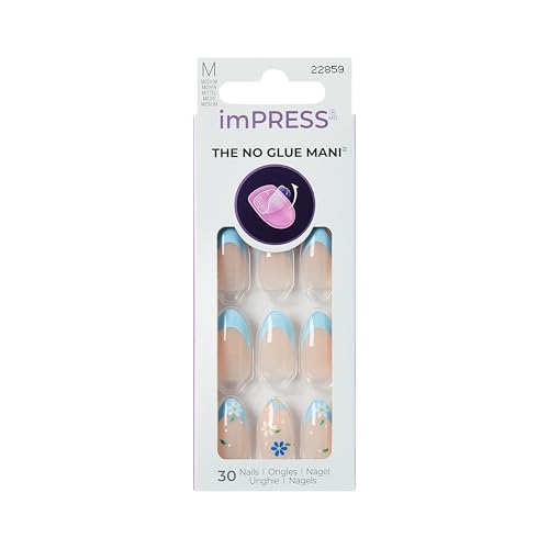 Kiss Impress No Glue Mani Press On Nails Design Golden Nest Blue Medium Size Almond Shape Includes 30 Nails Prep Pad Instructions Sheet 1 Manicure Stick 1 Mini File