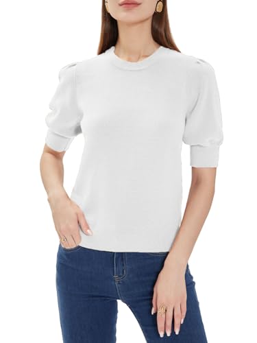 Image of Womens Puff Sleeve Knitted Sweaters Short Sleeve Crew Neck Tops