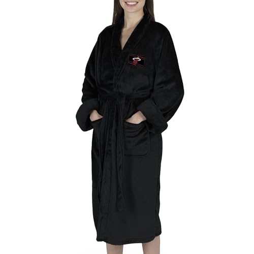 Northwest NBA Miami Heat Silk Touch Bathrobe, Officially Licensed Fan Robe, Ultra-Soft Plush Polyester Lounge Wear with Shawl Collar, Belt & Pockets, Unisex, Black, Large/X-Large