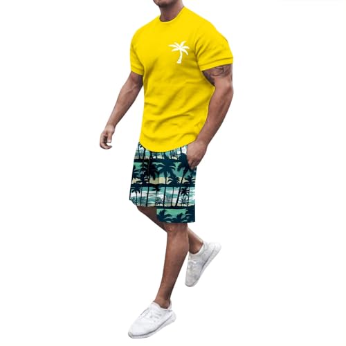 Ensemble homme deux pièces t-shirt et short jaune XXL en coton léger pour l'été