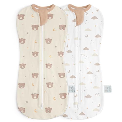Image of Baby Swaddle 0-2 Months, Cotton Arm-In Zipper Sleep Sack, Wearable Blankets Wrap for Newborn Infant Girls, Boys (Bear, Star Moon, Pack of 2)