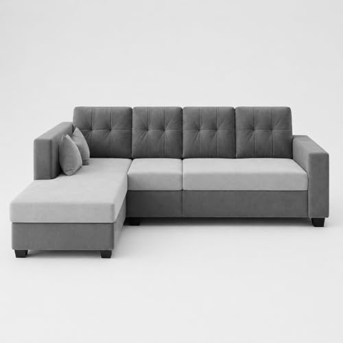 Image of FURNY Nathan 5 Seater L Shape Sofa Set LHS (Light Grey-Dark Grey) | Suede Velvet Finish | Durable Comfort Sofa for Modern Living Room & Office Spaces
