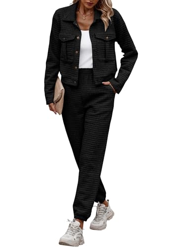 Image of PRETTYGARDEN Womens Two Piece Sets Fall 2026 Long Sleeve Button Down Shacket Jacket Long Sweatpants Tracksuit Winter Clothes