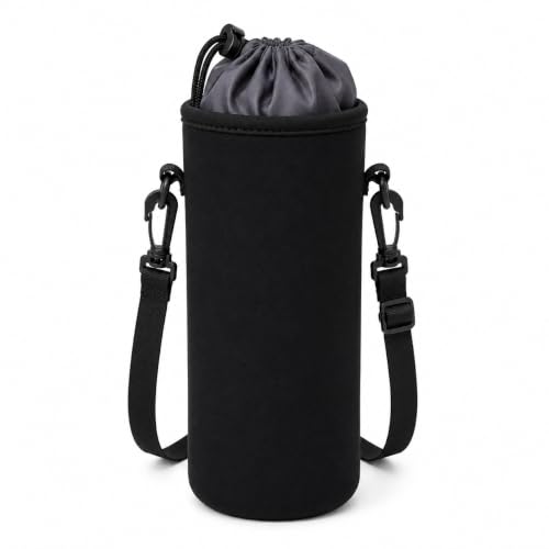 Image of 1 Litre Insulated Water Bottle Carrier Bag with Adjustable Shoulder Strap | Neoprene Bottle Cover for Stainless Steel, Glass & Plastic Bottles | Bottle Sleeve for Office, College, Gym| Black