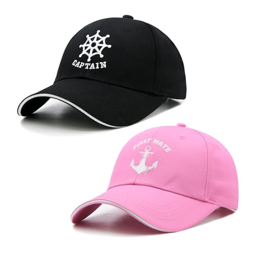 Image of Captain and First Mate Hat Set, Adjustable Matching Cotton Nautical Marine Sailor Baseball Caps, Boat Owner Gift