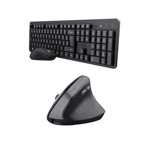 Trust Ymo II Pack Teclado y Ratón Inalámbrico QWERTY Español + Yuno Ratón Vertical Ergonómico Inalámbrico Recargable, Reducir la Tensión en Brazos y Muñecas, PC Ordenador Portátil Mac
