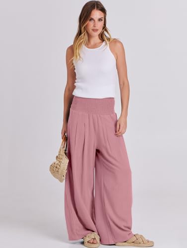 Image of ANRABESS Women Linen Palazzo Pants Summer Boho Wide Leg High Waist Casual Lounge Pant 2026 Beach Travel Vacation Outfits