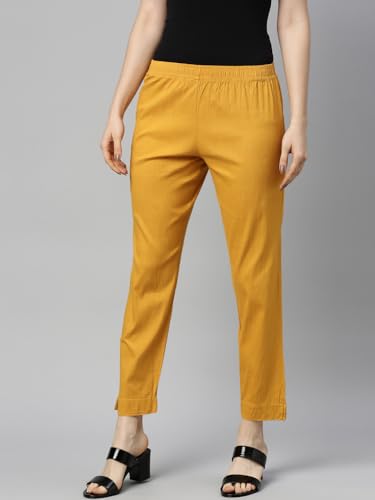 Image of MINELLI Women Solid Cigar Pants, Cotton Lycra Slub Fabric, Elasticated Waistband, Pull On Style, Regular Fit Bottom Wear for Western and Ethnic Wear