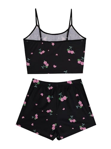 Image of Hilinker Women's 2 Piece Fruit Pajama Set Ribbed Cami Top and Shorts Sleepwear Cute Pjs Black Pink Cherry X-Large