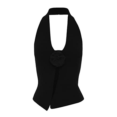 Image of Naileksi Women Halter Neck 3D Floral Rib-Knit Top Tank Y2k Sexy Sleeveless Backless Open Front Slim Fit Sweater Vest