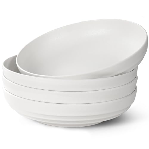 HAPPY KIT Stoneware 9'' Pasta Bowls, Frosted Glaze,Large Salad Bowls Set of 4, 42 Oz Serving Bowls...