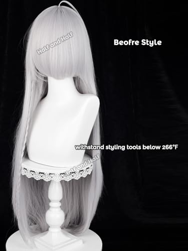 Image of Half and Half Long Straight Light Gray Anime Wig with Bangs for Under Taker Cosplay 35.4'' Silver White Death Costume Wigs for Men Women Halloween Party Daily