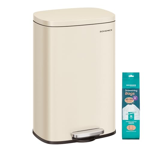 SONGMICS Poubelle Cuisine 50 L, Poubelle Bureau, Fermeture en Douceur, avec Pédale, en Acier, Seau Intérieur, Beige Sable LTB050A02