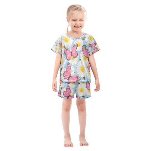Pink Butterfly Daisy Pattern Kids Pjs Set Boys Girls Summer Short-Sleeve Sleepwear Pajamas 2PCS3
