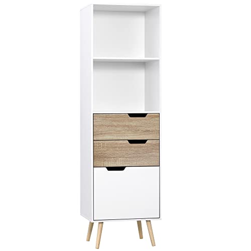 HOMCOM Meuble de Rangement sur Pied Colonne bibliothèque étagère et 3 tiroirs Style scandinave Blanc et Aspect Bois 50 x 39 x 169,5 cm