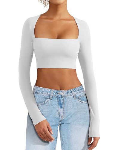 VOYJOY Women's Square Neck Crop Top Workout Tops Long Sleeve Shirts Cropped T Shirts Women Cute Top4