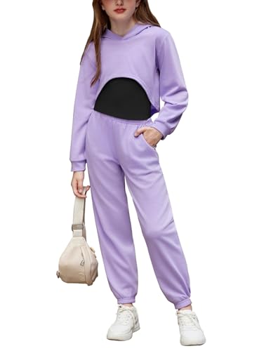 Arshiner 3 Piece Girls Jogger Set Sweatsuits Crop Sweatshirt Hoodie Adjustable Cami Top and Sweatpants