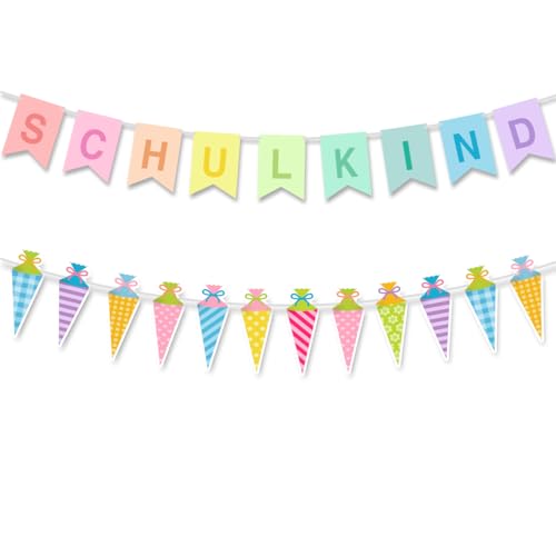 HUKUMA Einschulung Deko Schulkind Girlande Banner Bunt Schulanfang Deko Banner Mädchen Jungen Schulstart Dekoration Banner Zuckertüten Girlande Deko Zuckerdekor Einschulung