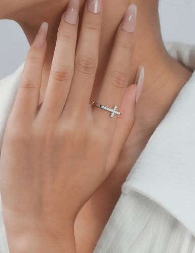 IMOLOVE Moissanite Wedding Bands for Women, Dainty 0.2 Carat Cross Purity Rings for Women Everyday Fashion Silver Moissanite Rings for Women with 18K White Gold Plated Size 4-113