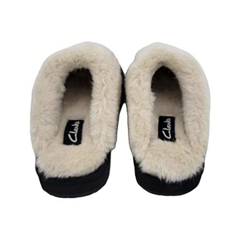 Image of Clarks Womens Open Back Suede Leather Comfort Clog Slipper JMS0583C - Plush Faux Fur Trim - Indoor Outdoor House Slippers For Women